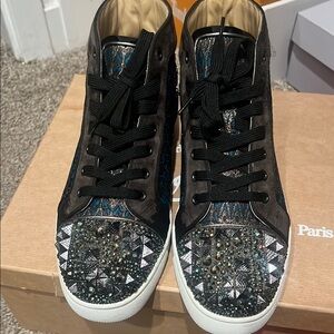 Christian Louboutin Black and Blue High-Top Sneakers with Studded Details